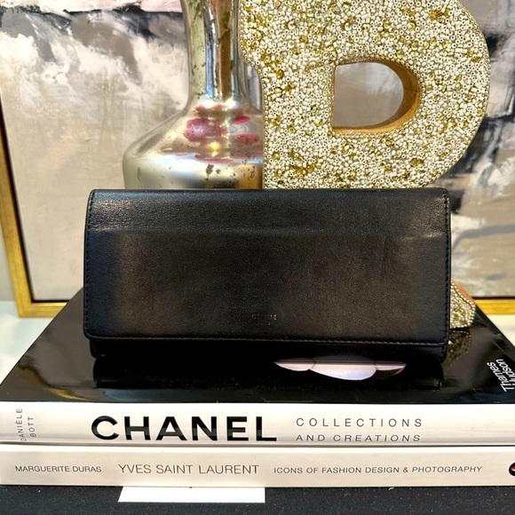Celine Large Flap Black Leather Wallet with Flap Snap Closure HOST PICK